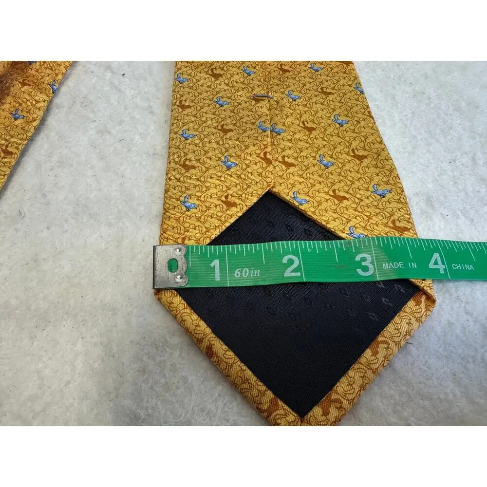 Tom James Executive Collection 100% Silk Tie Yellow with Rust and Blue Birds NWT